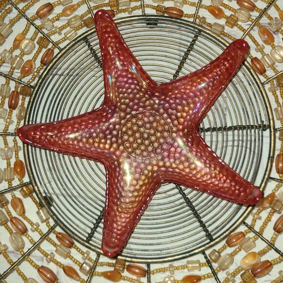 Iridescent Ocean Starfish Dishes Red-Green Art Glass - Set of 2 Coastal Decor - Picture 5 of 9